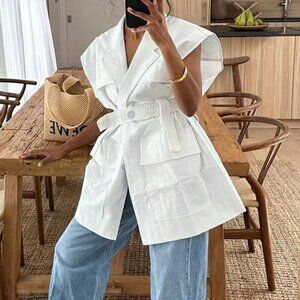 White Casual Women's Lapel Single-Breasted Utility Pocket Regular Jacket